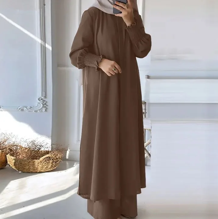 Muslim 2 Piece Women Long Coat Wide Leg Pants Suit Ramadan Morocco Dubai Islam Casual Ensemble Kimono Musulmane Arabic Outfits