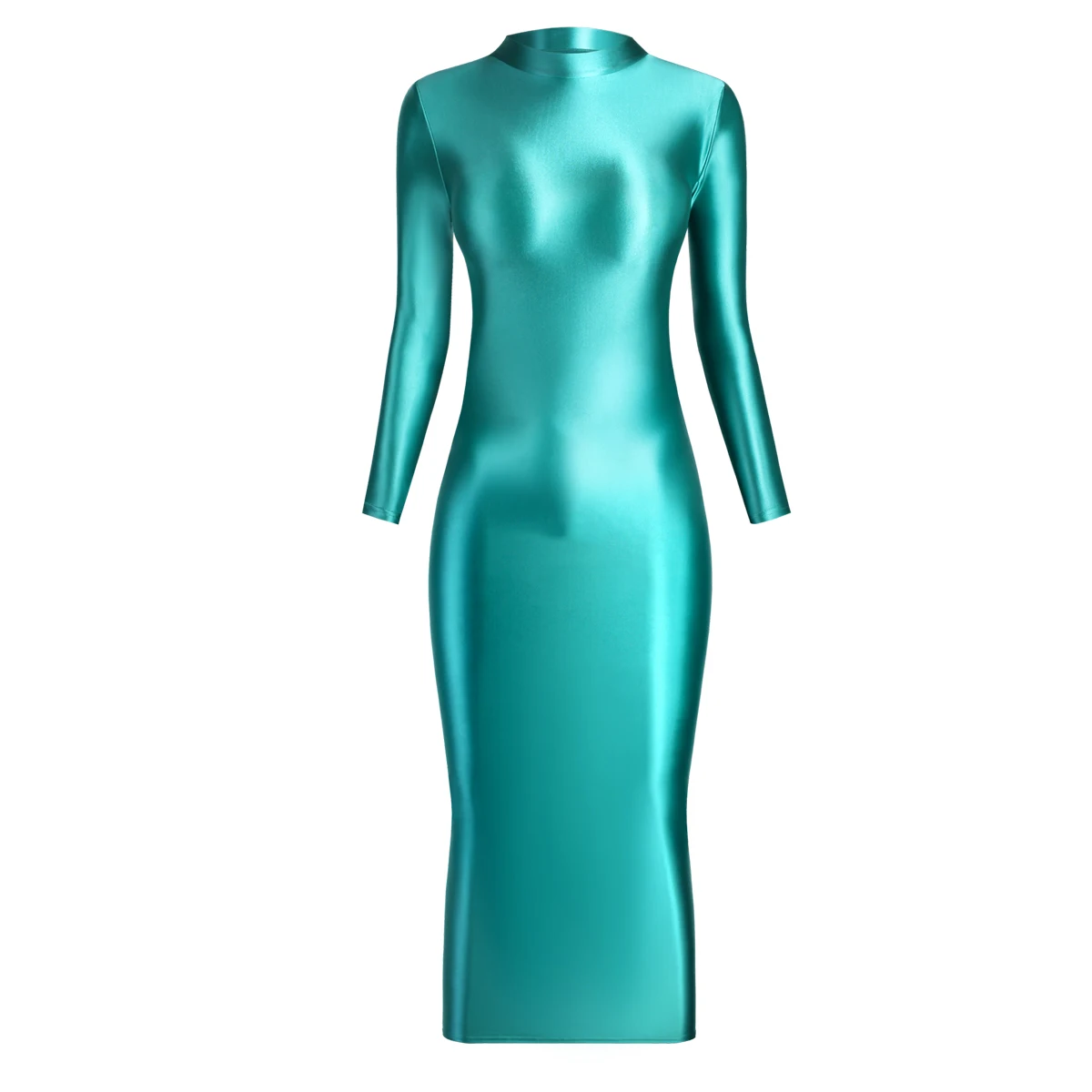 MJINM Women Sexy Silky Smooth Oil Glossy Shiny High Elastic Long Dress High Neck Long-sleeve Hip Wrap Tight Skirt Casual Skirt