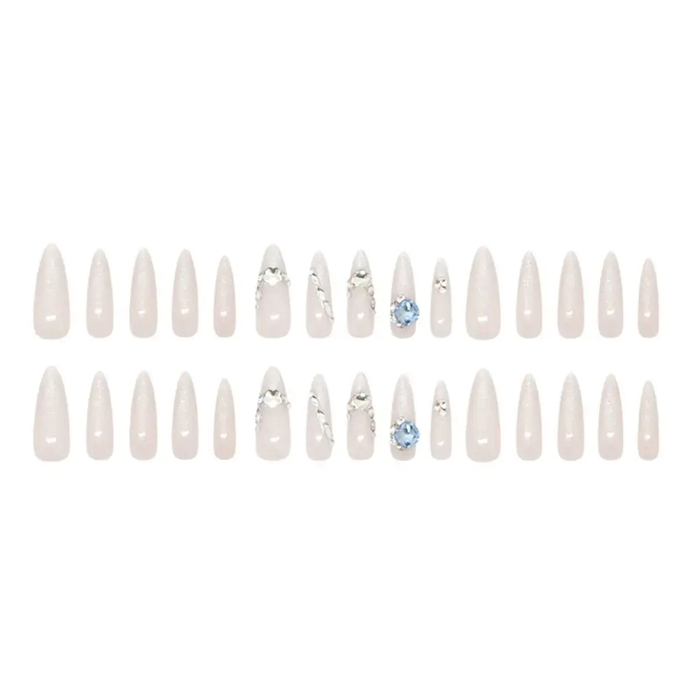 30 pièces longs amande Stiletto faux ongles français chatoyant clair de lune presse sur ongles détachable oeil de chat strass faux ongles femmes