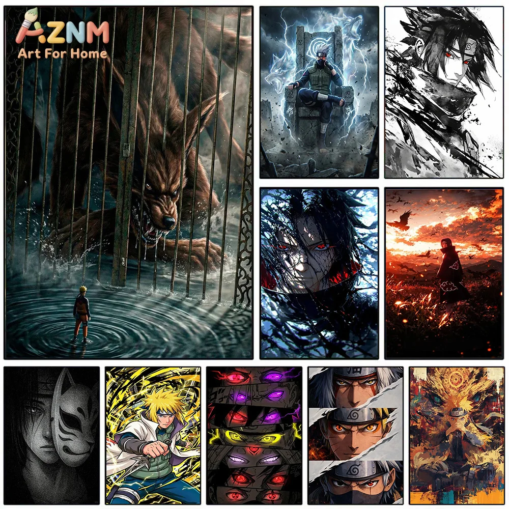 AZNM Naruto Anime Canvas Painting Kurama Kakashi Itachi Akatsuki Wall Art Print Home Decor No Frame