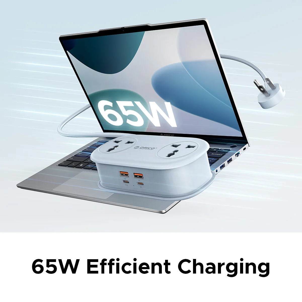 ORICO Universal Travel Power Strip 65W GaN PD Fast Charger 6‑in‑1 2AC Socket 2USB‑A 2USB‑C Wound‑Cord Design For International T