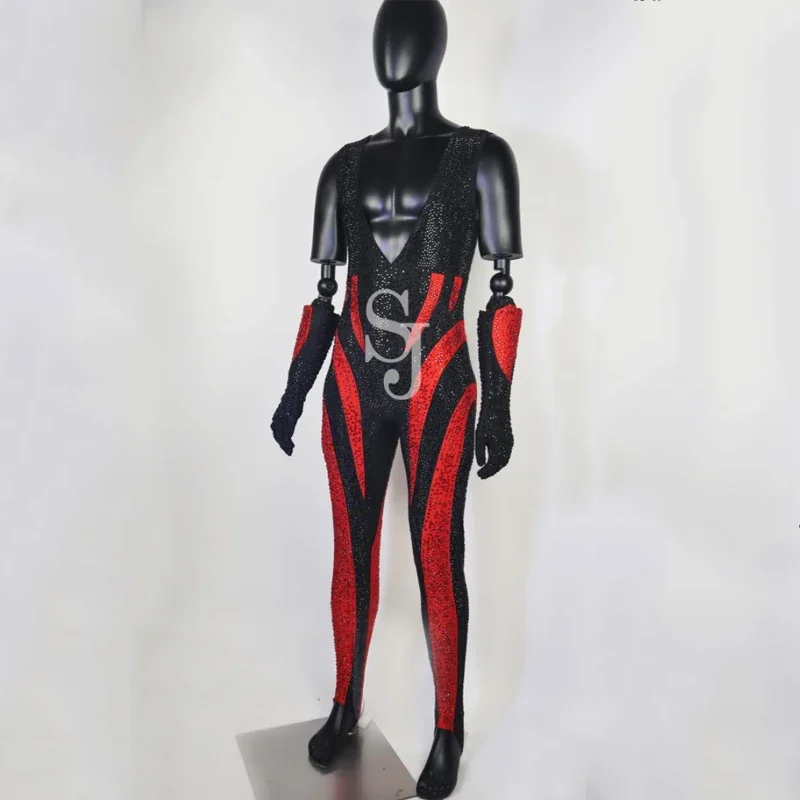 Męski strój do pole dance, czerwono-czarny kombinezon z dżetami, seksowny kostium gogo, strój sceniczny dla DJ-a, odzież rave, XS7487