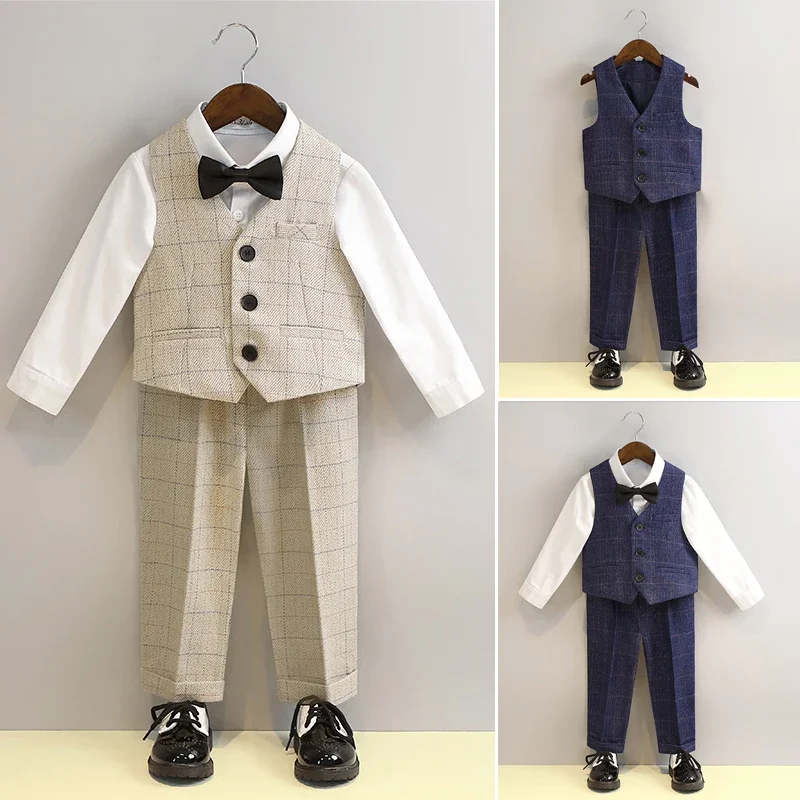 Uniforme scolastica autunnale per bambini Khaki wedding Party Tuxedo 2-12 Y ragazzi gilet abiti bei bambini Chorus Performance Outfits