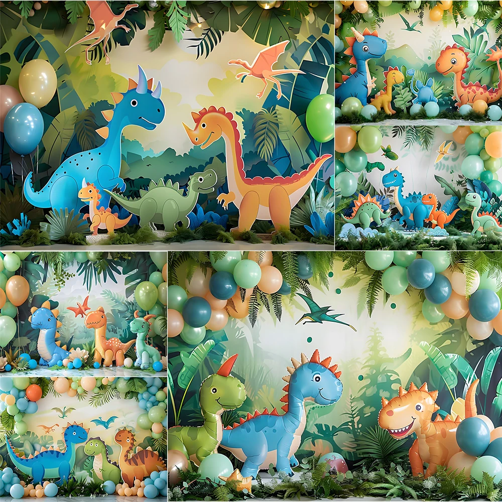 Cartoon Dinosaur Photography Background Colorful Balloons Palm Tree Party Decoration Supplies Kids Birthday Backrops Studio Prop