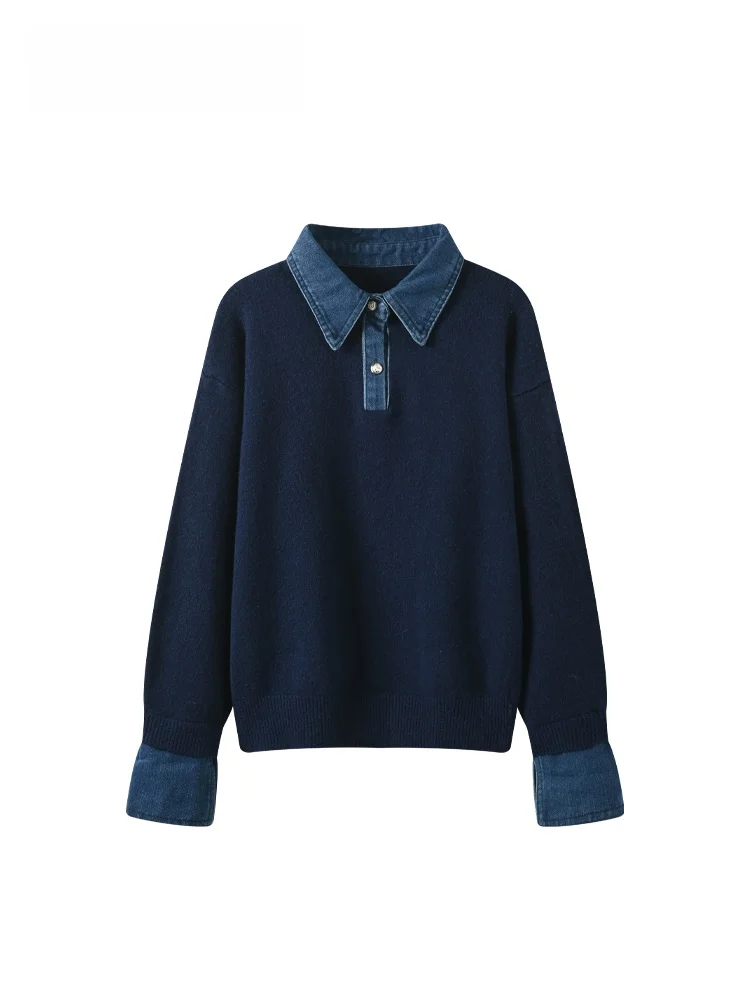 

CaraCLUB plus Size Ne Long Sve Knitted Sweater Women Spring Faion Slimming Denim Patchwork Top Loose Fit Polyester