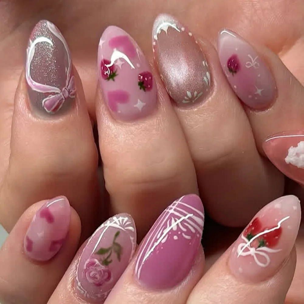 

24Pcs Pink Smudge Cat's Eye False Nails Strawberry Rose Bow Fake Nails Press on Mid-length Almond Reusable Full Cover Nails Tips