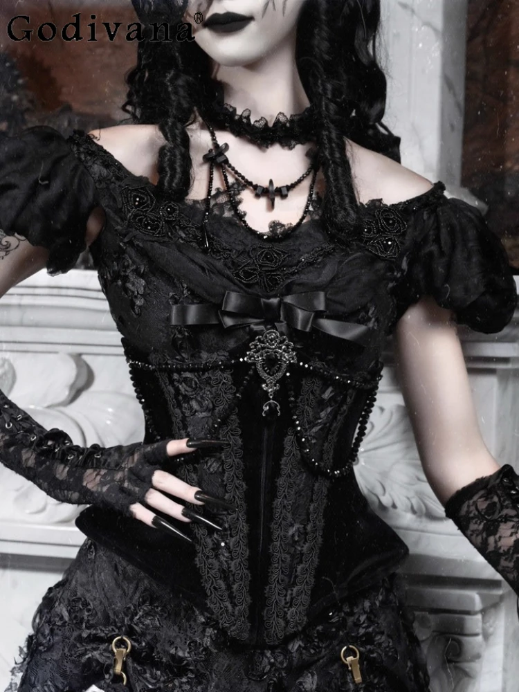 

Original Halloween Cos Black Gothic Fishbone Waistband Autumn New Woman's French Elegant Court Style Retro Top Long Skirt Set