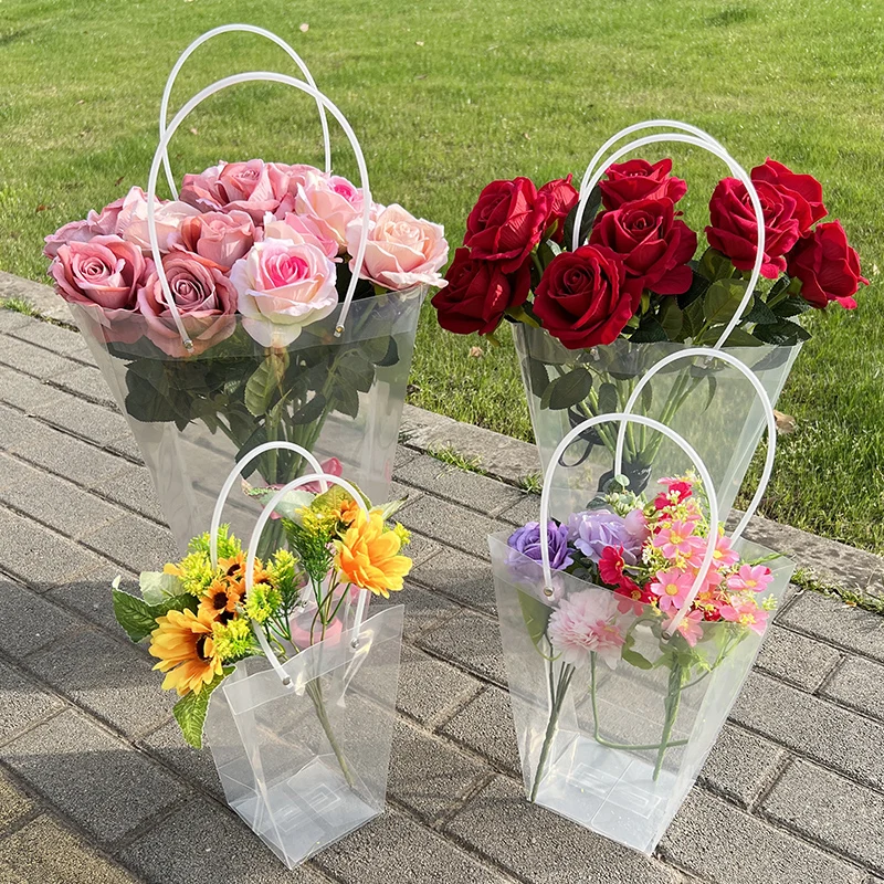 1pc Clear Trapezoidal Portable Flower Gift Bags Bouquet Packaging Bags for Florist Shop Wedding Flower Packaging Storage Bags