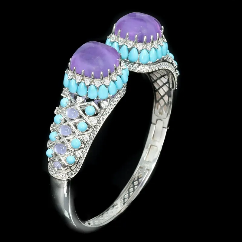 

ZOCA 925 Sterling Silver Bracelet Synthetic Turquoise Amethyst High Carbon Diamond Gemstones Wedding Bangle Fine Jewelry