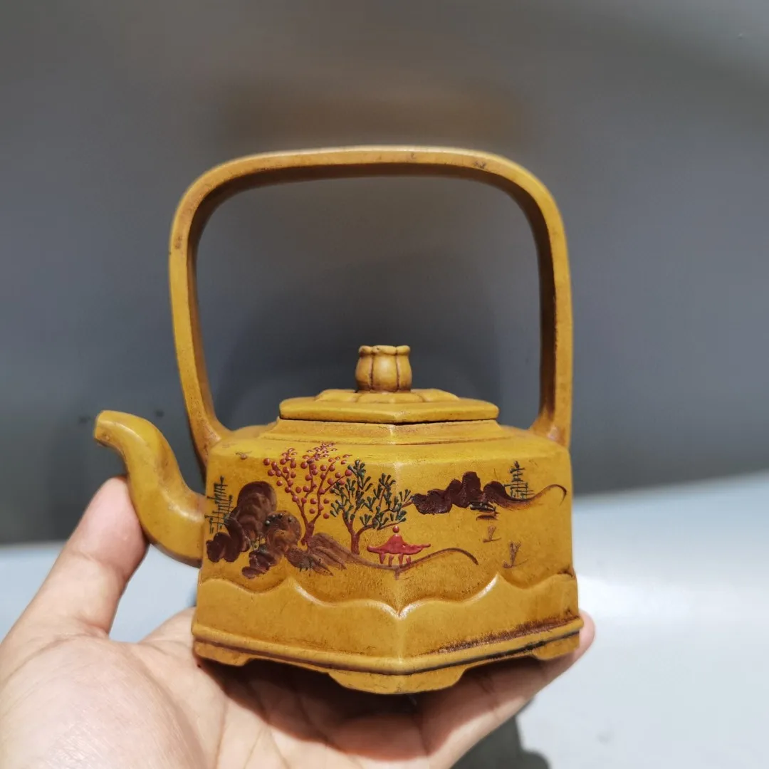 Purple teapot Yixing Purple Clay Teapot Mud painting Landscape pattern Six sided pot Lifting beam pot Kettle Teapot