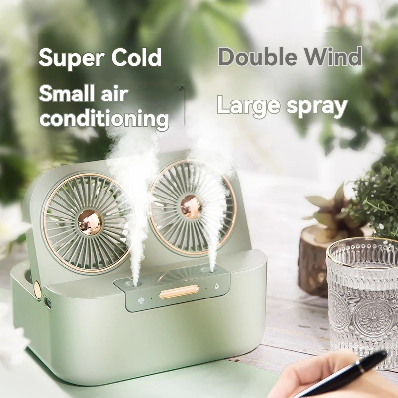 Summer humidifier fan double outlet cooling air conditioner phonograph spray fan desktop air conditioner fan household charging