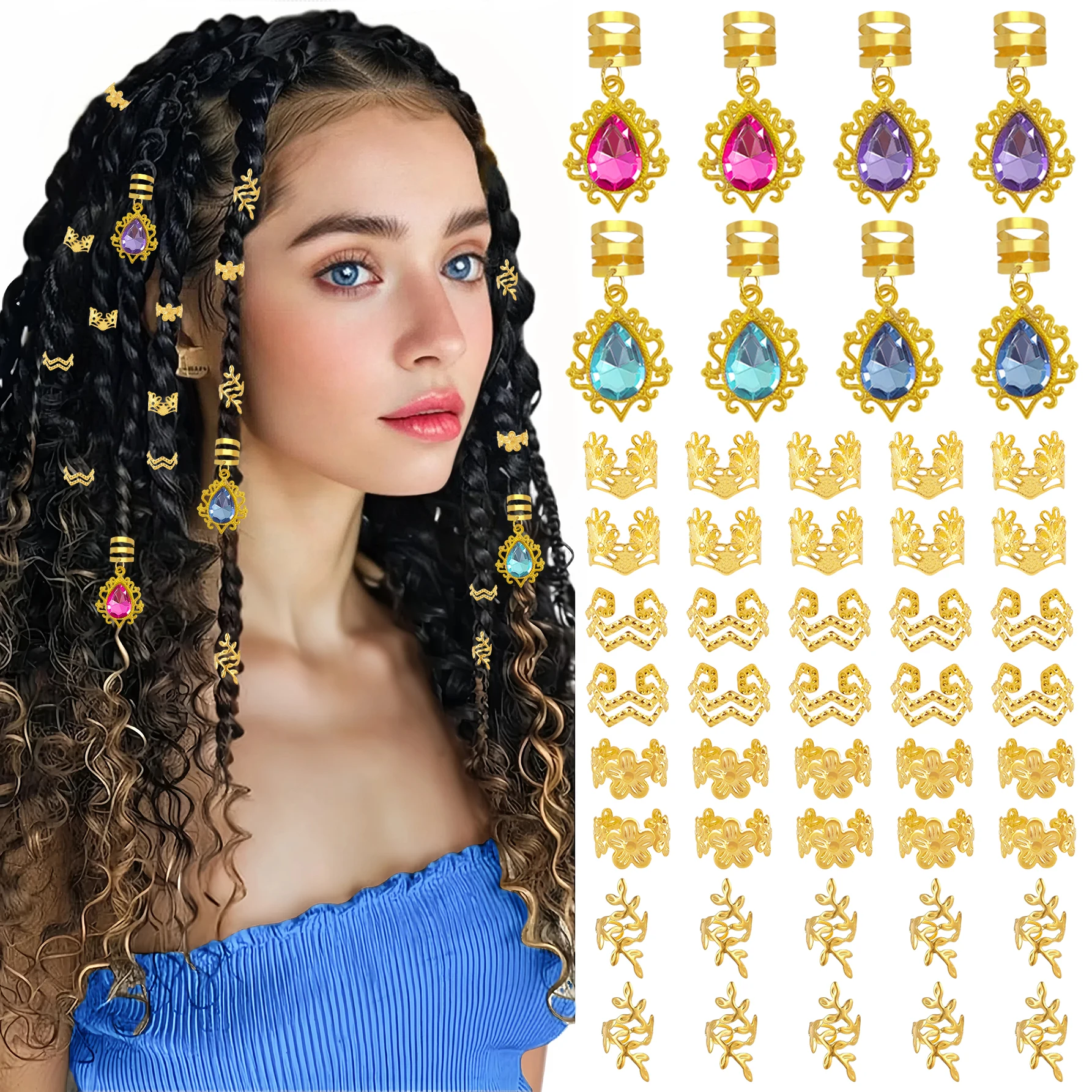 48pcs Gorgeous gemstone Dreadlock Hair Jewelry Accessories for Braids gifts for girls and women Perfect for dances and parties M