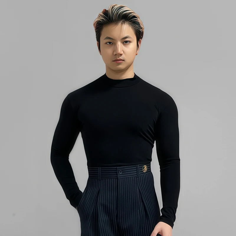 Uomo Abiti da ballo latino Inverno Manica lunga Top neri Collo alto Top neri Costume da allenamento latino Pratica maschile Dancewear 2412