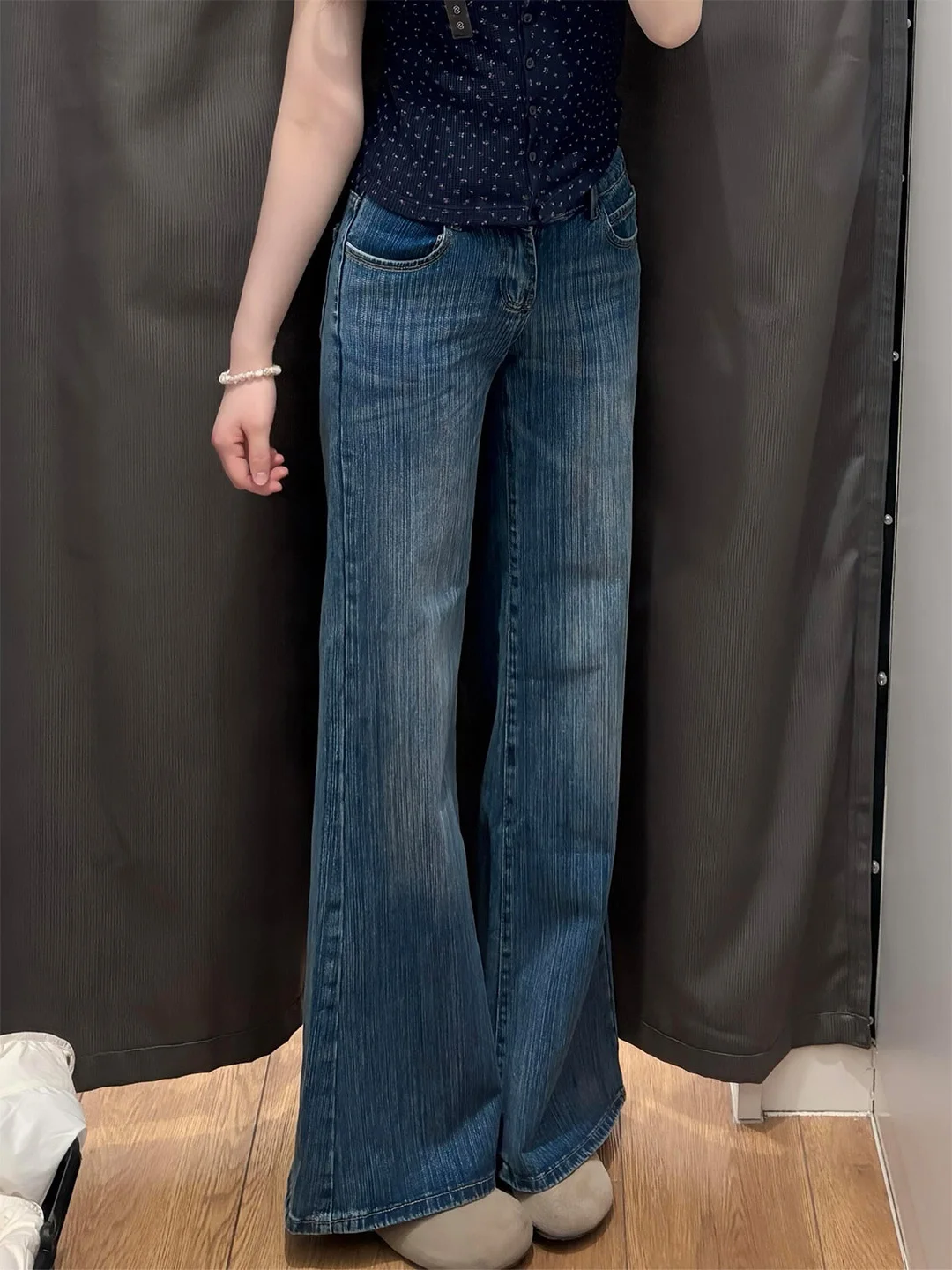 

Slim Fit American Style High Waist Denim Jeans Deep Blue Short Women's Summer New Arrival Floor Length Wide Leg Trousers