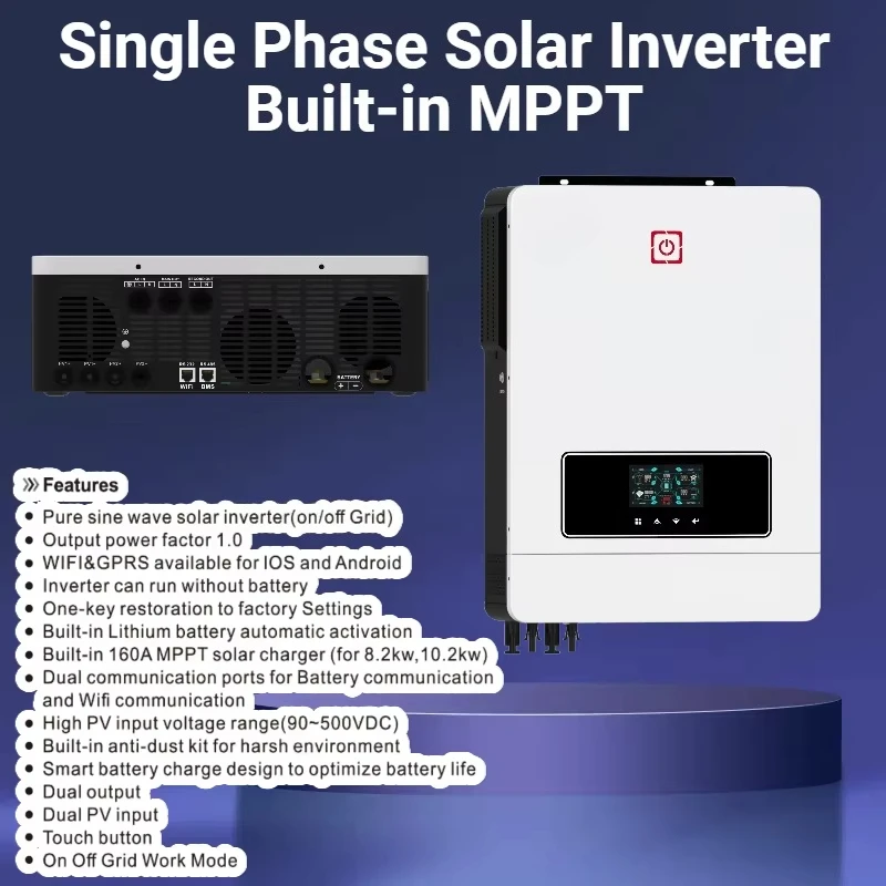 مجموعة نظام عاكس الطاقة الشمسية الهجين 6.2KW على الخروج الشبكة لوحة طاقة شمسية أحادية البلورية بطارية ليثيوم أيون MPPT للاستخدام المنزلي