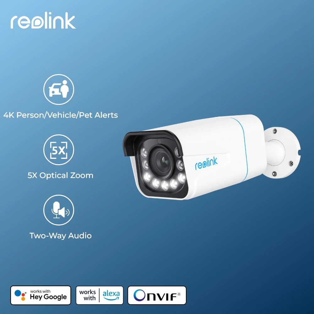 كاميرا Reolink الذكية 4K 8MP PoE الأمنية 5X Zoom 2-Way Audio IP Cam كشف الشخص/المركبات كاميرات المراقبة الأضواء