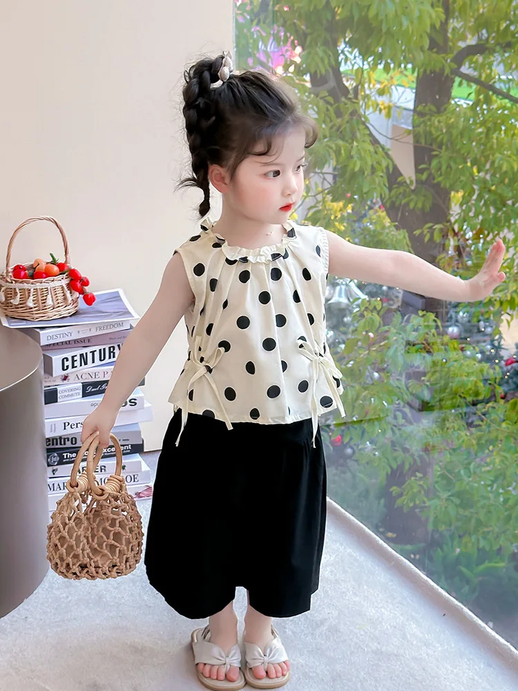 

CXJM-Trendy Summer Outfit for Girls2025New Children's Summer Thin Sleeveless Vest Polka Dot Wide Leg Pants Two-Piece Set