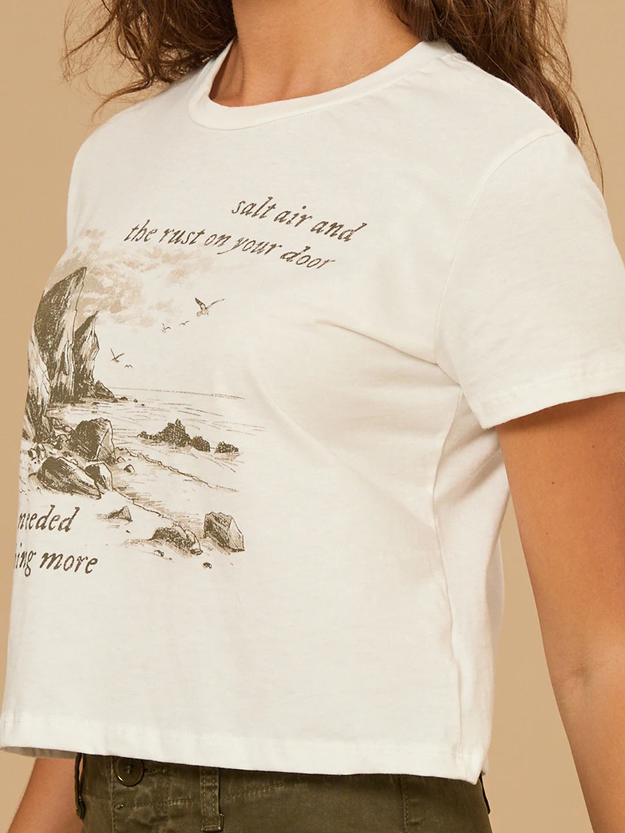 Women s Summer Seaside Building Print Tops Short Sleeve Round Neck Short Trendy Baby Tees