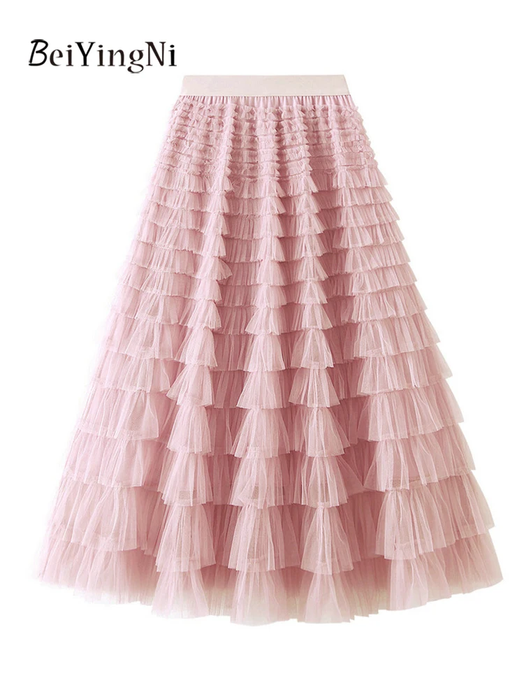 

Beiyingni женская сетчатая макси-юбка-тортик корейская многоуровневая элегантная роскошная французская длинная юбка трапециевидной формы для женщин однотонная подкладка Faldas