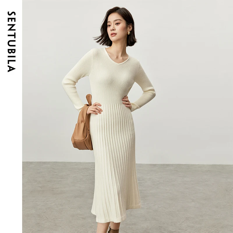 

SENTUBILA Knitted V Neck Dresses for Women 2024 Winter Solid Retract Waist Long Sleeve Simple Comfort Women Clothing W44L57207