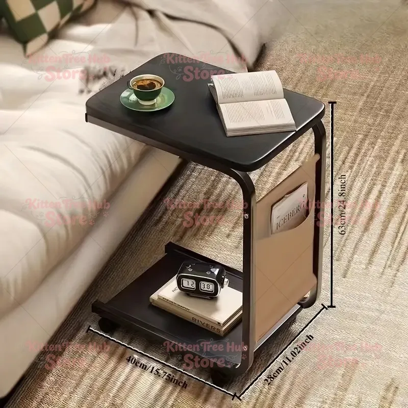 1pc Brown Rolling Side Table with Storage Bag - Solid Wood Table, C-Shaped Desk