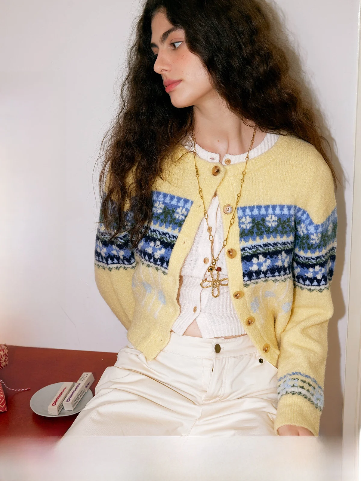 

Fair Isle Knitted Wool Sweater Women's Vintage Lazy Flower Pattern round Ne Open Cardigan Winter Commute Sle ort Length
