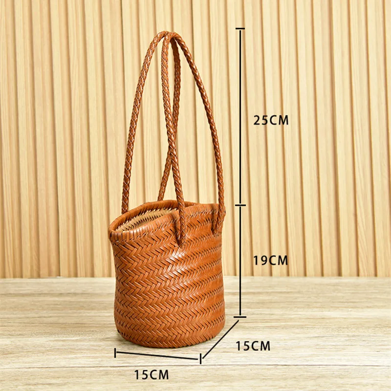 Head Layer cowhide Braided One Shoulder bucket Bag Vintage leather Handmade Vegetable Basket Bag Travel Beach Tote Bag