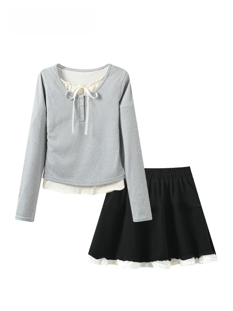 

Комплект Cara CLUB больших размеров: модный женский комплект для ранней осени, новинка для полных женщин, универсальный, омолаживающий, с длинным рукавом, футболка и короткая юбка