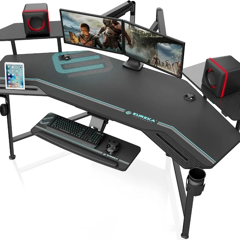 

Gaming Desk with Led Lights, Large Wing-Shaped Studio Desk Keyboard Tray Monitor Stand Dual Headphone Hanger Cup Holder