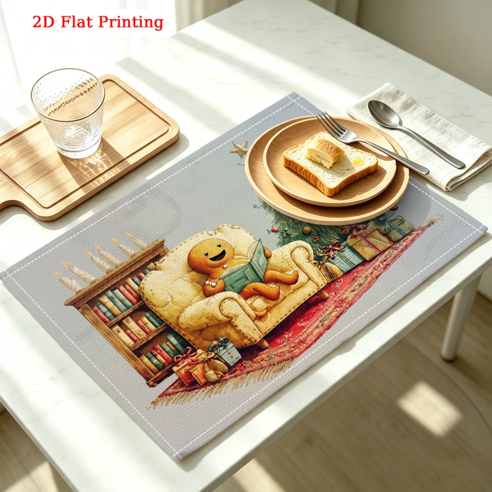 Gingerbread Man Reading Book Kitchen Placemat Coaster Linen Pad Dish Coffee Cup Table Mat 30x40cm Home Decor