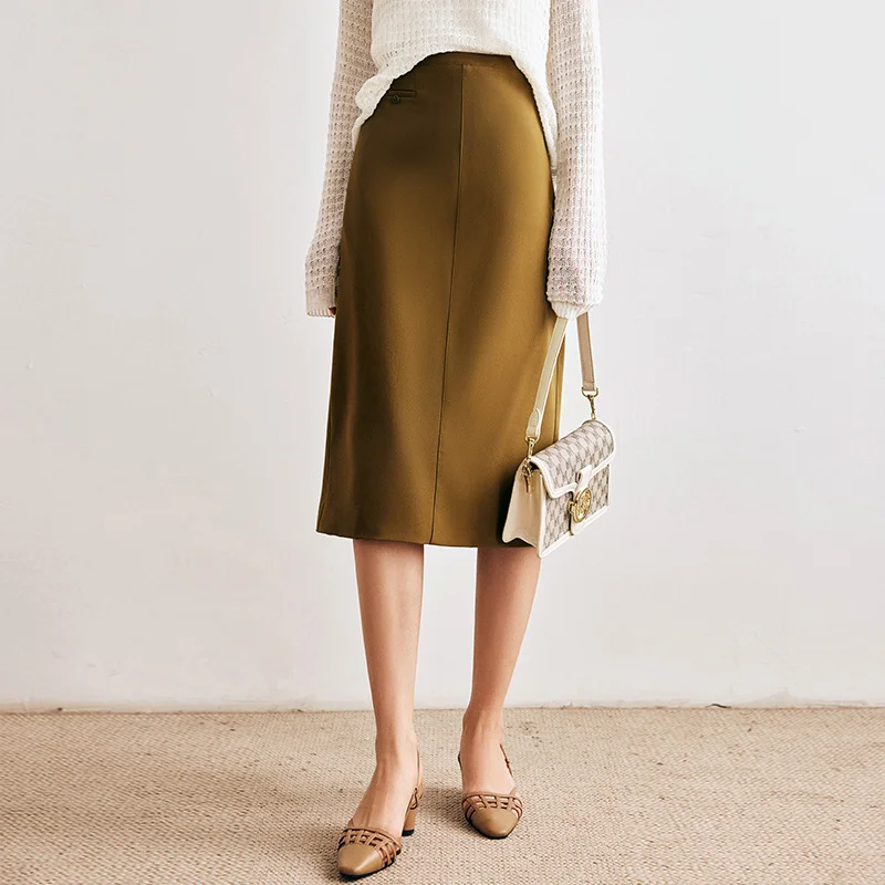 OLrain Women's Khaki Pencil Skirts 2026 Autumn French Commute High Waist Straight Midi Skirt Office Ladies Clothing O23CB35235