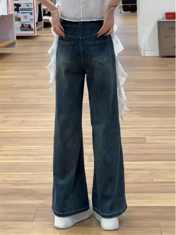 plus Size Vintage Fce Lined Thi Denim Pants Women's Autumn Winter Loose Straight Wide Leg Long Trousers Slimming Effect