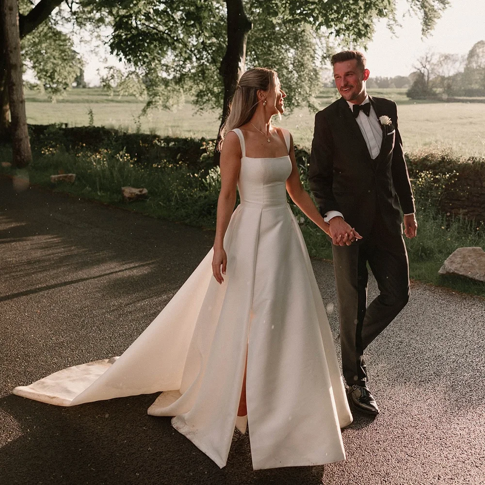 

Simple Satin Wedding Dress 2025 High Slit A Line Bride Gown Square Neck Princess Vestido De Novia Wedding Gowns Customized