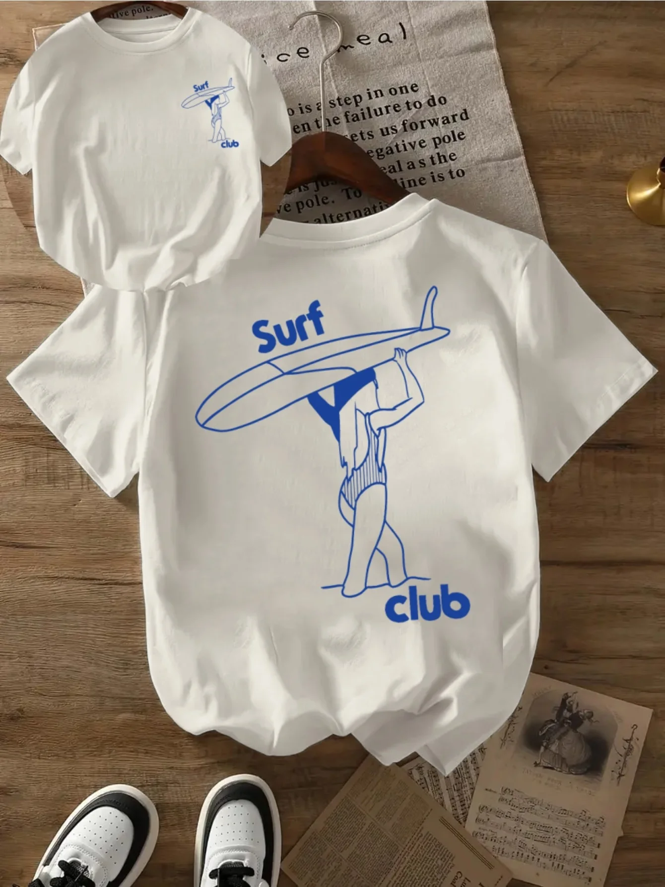 Women's Surf Club Graphic T-Shirt Double-Sided Surfboard Surfer Print Crew Neck Casual Summer Harajuku Sleeve Aesthetic Clothes