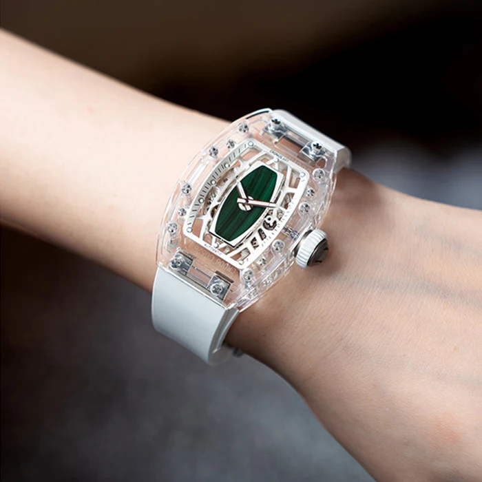 CRONUSART Women Automatic Watch 31.5mm Ladies Meachanical WristWatch Acrylic Tonneau Case Sapphire Mirror Skeleton Dial