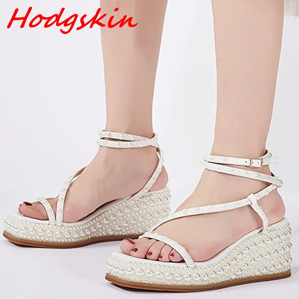 Pearl One Word Belt Women's Sandals Square Toe Hollow Ankle Buckle High Wedge 2024 Sweet Casual Party Fashion Summer Sandals