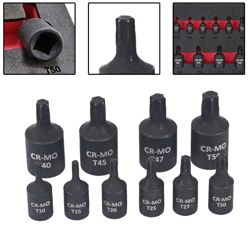 10/9Pcs Torx Screwdriver Bit 1/4 3/8 Inch Drive Socket Head Screwdriver Hand Tools T10 T15 T20 T25 T27 T30 T40 T45 T47 T50