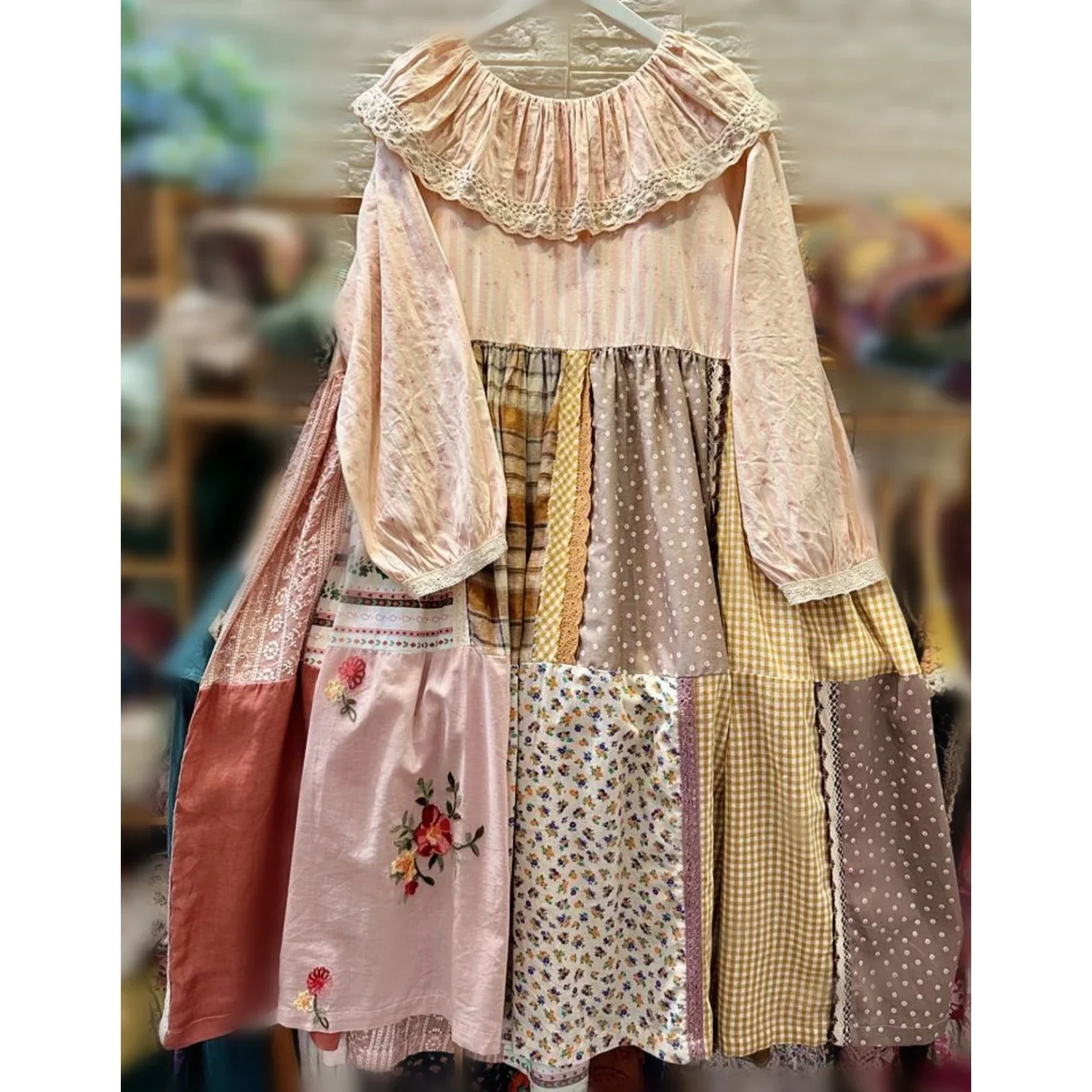 

Mori Girl Cotton Linen Vintage Patchwork Tunic Dress Sweet Cottagecore Aesthetic Boho Hippie Gypsy Bali Thailand Lolita Dress