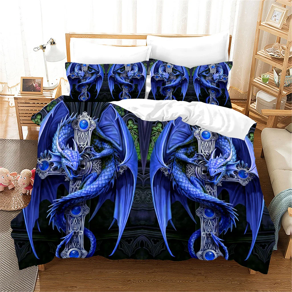 3pcs Bedding Sets 3D Print Retro Scary Skeleton Red Rose Black Dragon Bedspread Double Bed Duvet Cover Set and 2pcs Pillow cover