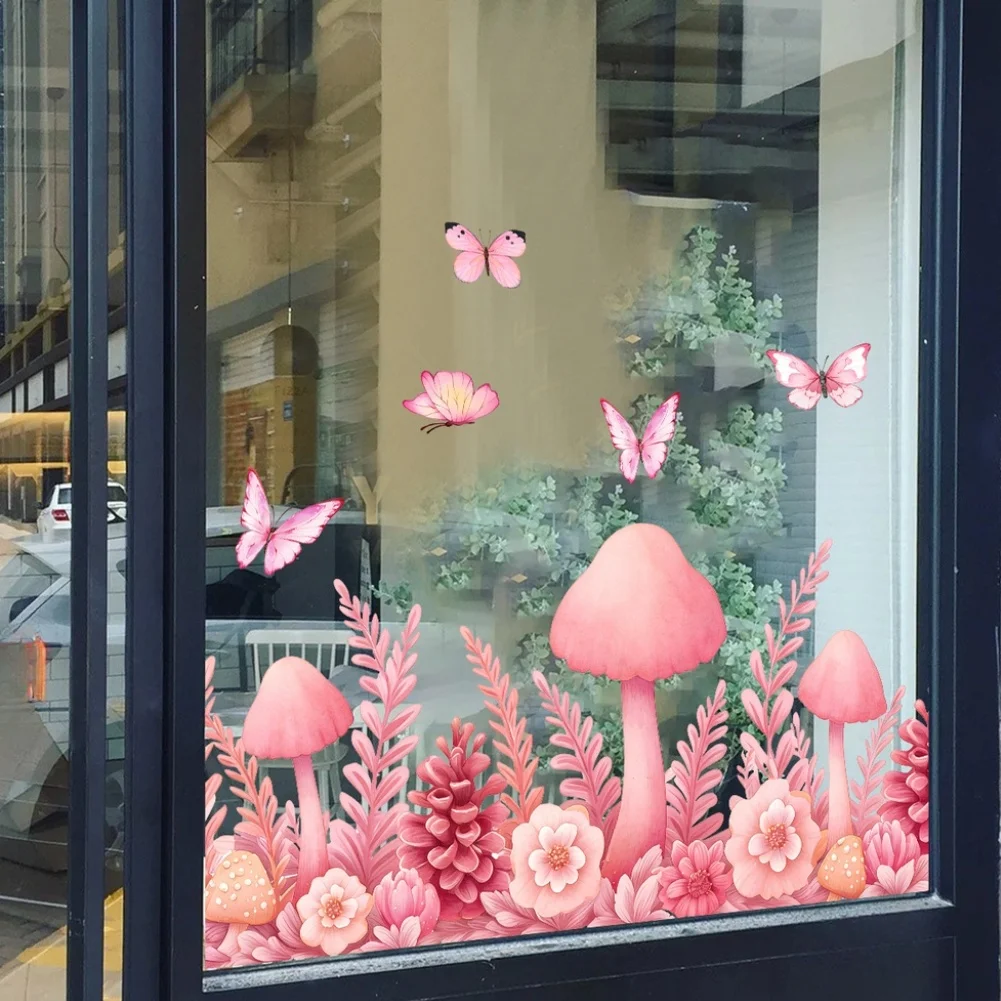 Floral Mushroom Themed Static Cling Decals for Windows and For Glass Doors Compatible with Indoor Home Decor Applications