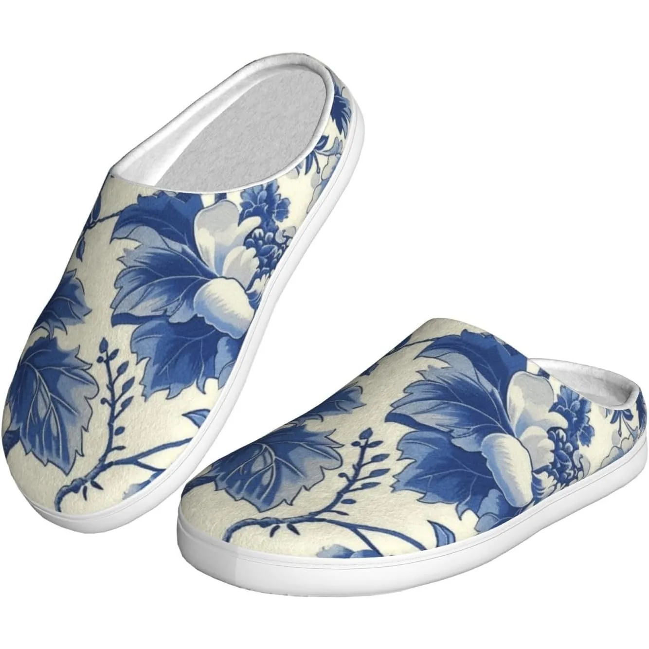 

Blue White Chinoiserie Floral Women’s Cozy Slippers Soft Cotton Indoor & Outdoor House Slippers With Anti-Slip Sole