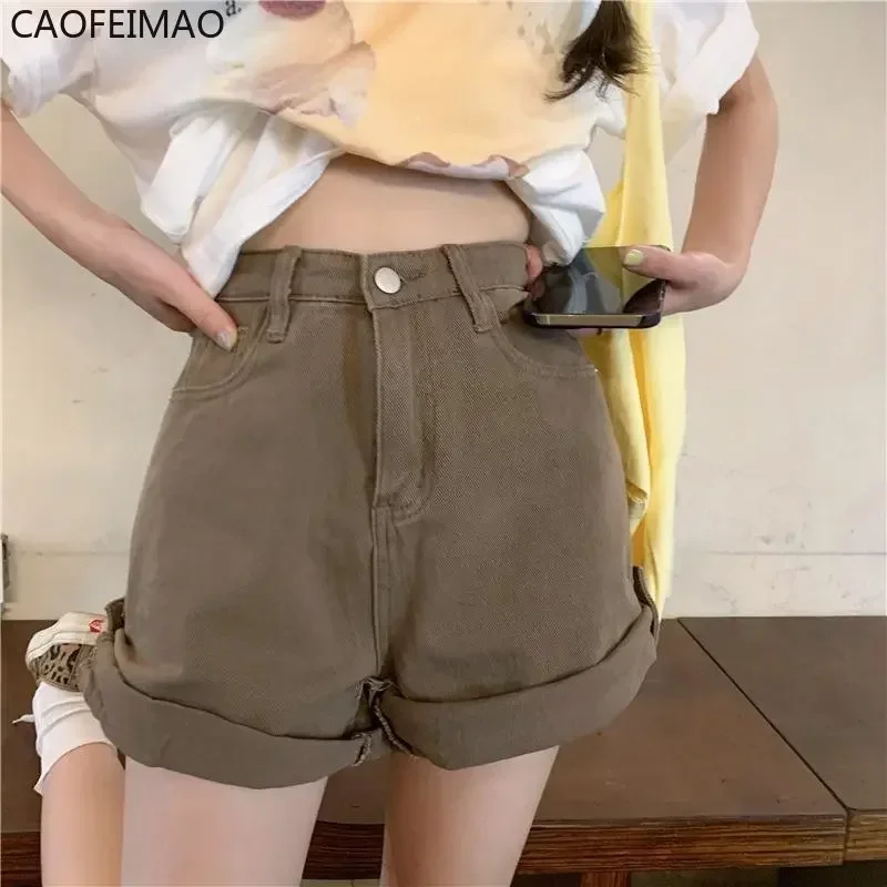 Caofeimao Solid Crimping Shorts Denim Women High Waist Simple Korean Style A-line Vintage Students All-match Fashion Streetwear