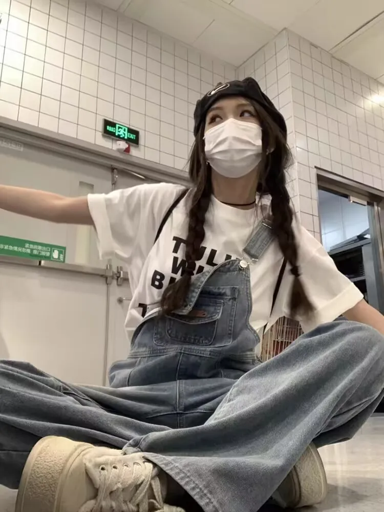 ชุดเอี๊ยมยีนส์ผู้หญิง ซอลท์ ซีรีส์ สไตล์เกาหลี ทรงหลวม นักเรียน วัยรุ่น ไซส์ใหญ่ ขาตรง ขากว้าง เอวสูง