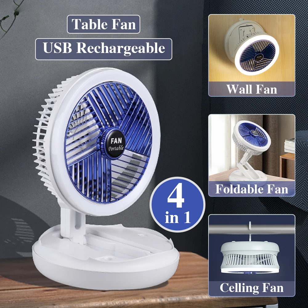 4 in 1 Electric Fan Desktop Foldable Wall Silent Ceiling Fan with Light 4 Speeds 3500Mah USB Rechargeable Portable Fan