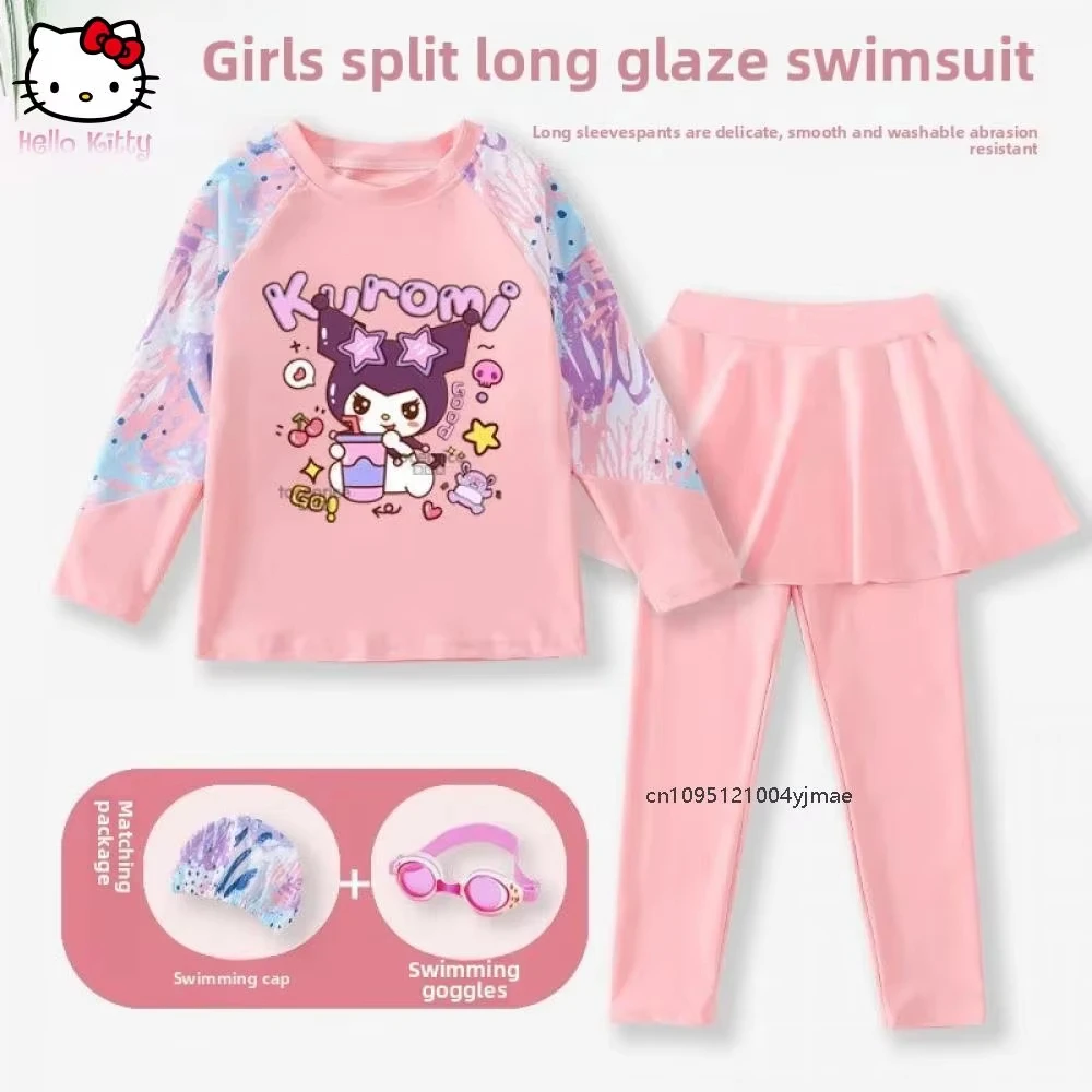 

Детские купальники в стиле аниме Sanrios Cinnamoroll, солнцезащитный крем, двухсекционные костюмы с длинными рукавами, термостойкая пляжная одежда для девочек на весну и праздник, новинка