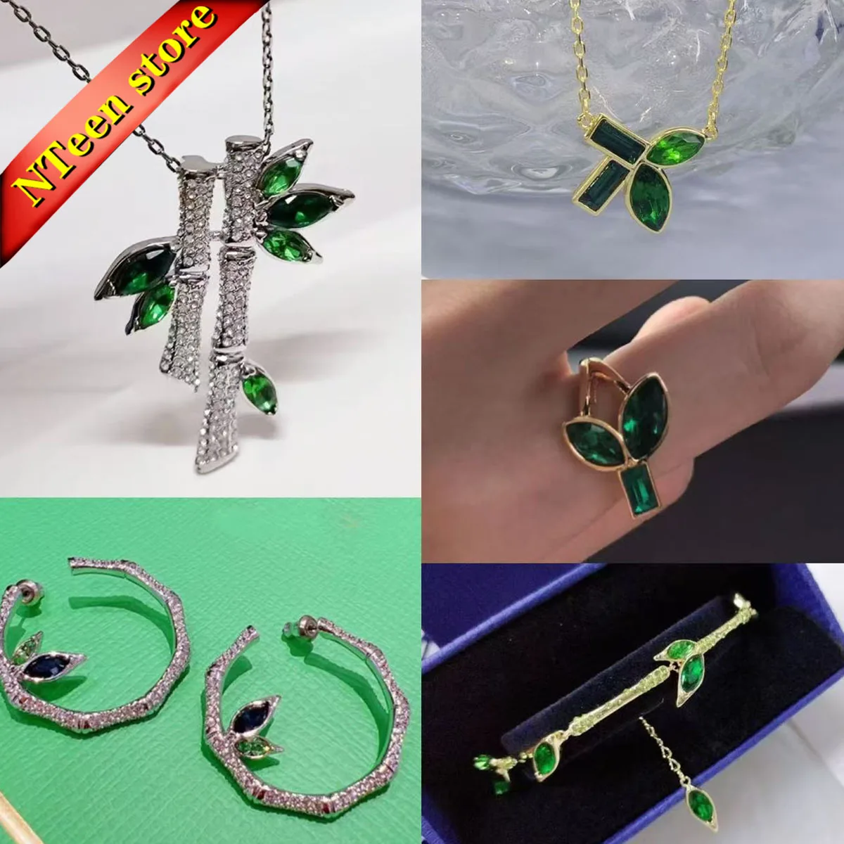 2024 Green Necklace Women Jewelry Set Crystal Bamboo Leaves Design Earrings Ring Bracelet Party Favors for Women