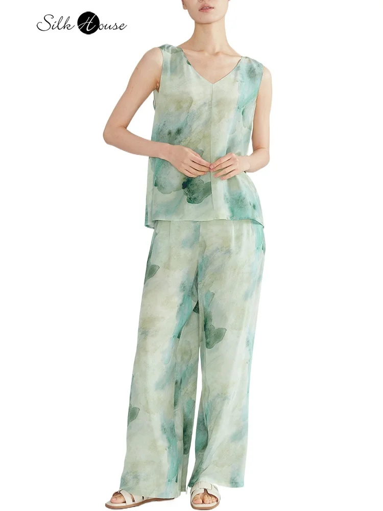 

Women's Summer New Green Ink Dyeing 100% Natural Mulberry Silk Crepe De Chine V-neck Tank Top Wide Leg Pants (Single Sale)