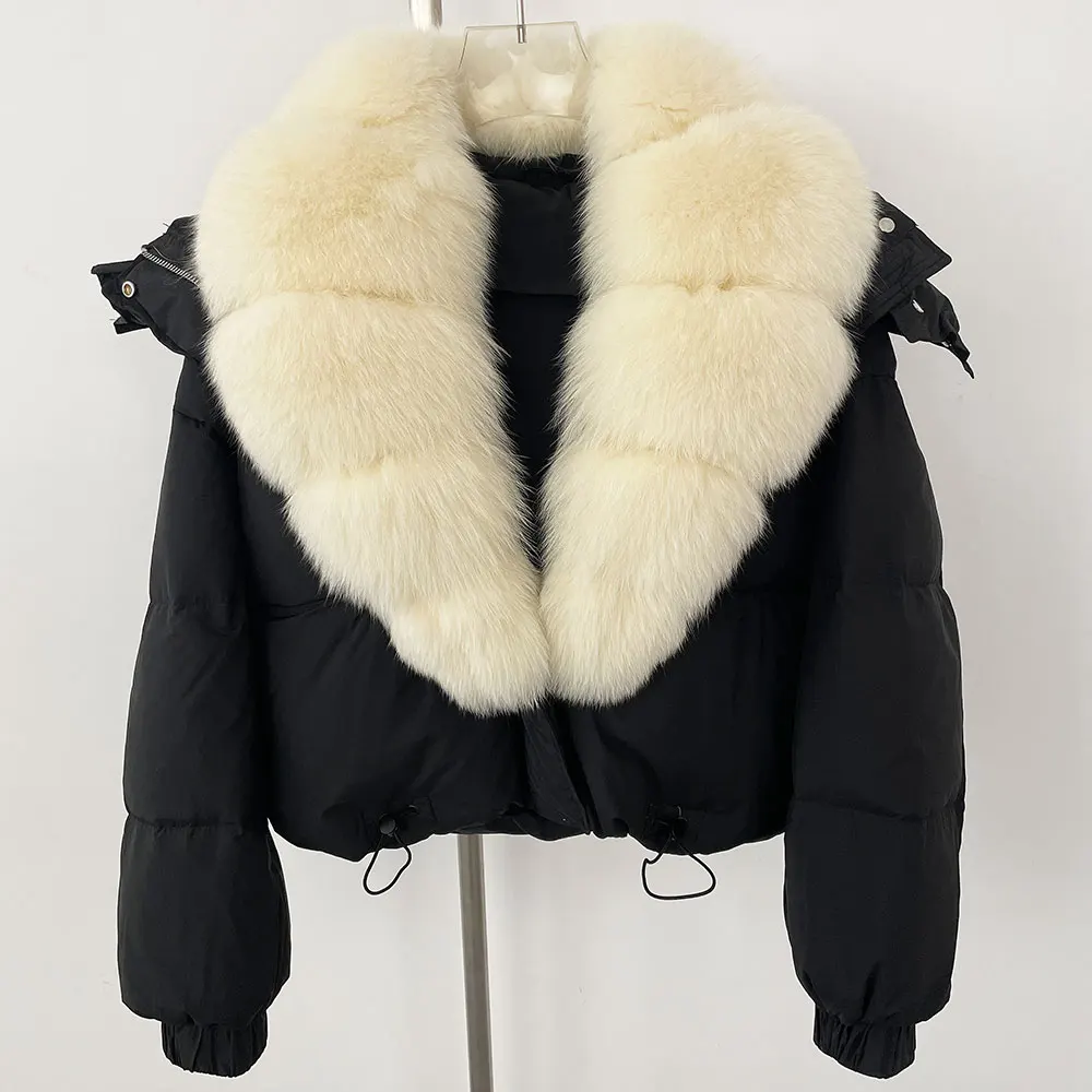 2024 New Winter Big Natural Fox Fur Fluffy Puffer Coat Women Button Warm 90White Duck Feather Down Short Jacket Waterproof Parka