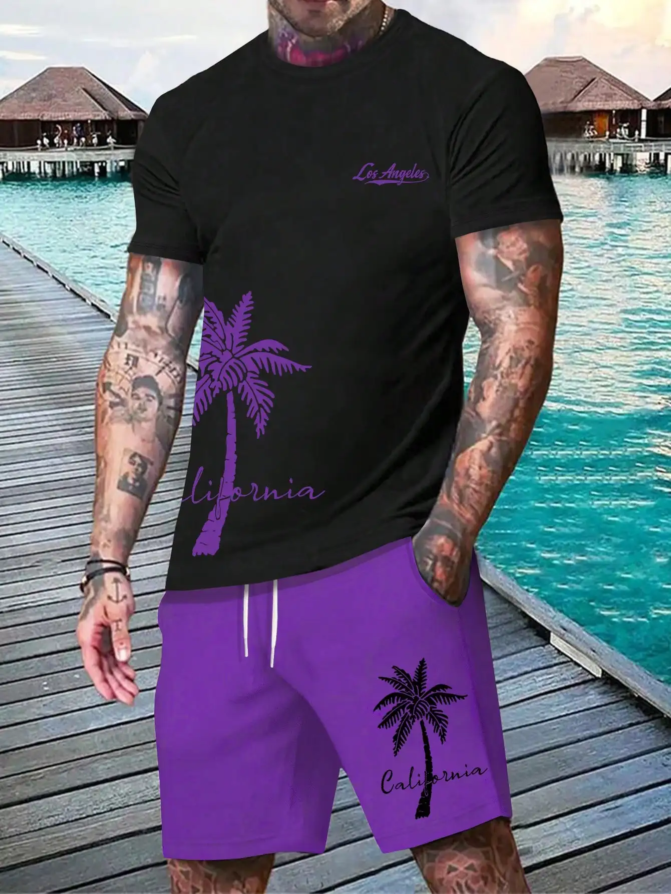 Fashion Outdoor Beach Men\'s Fashion Summer Casual Print Beach Style Short Sleeve and Shorts Suit