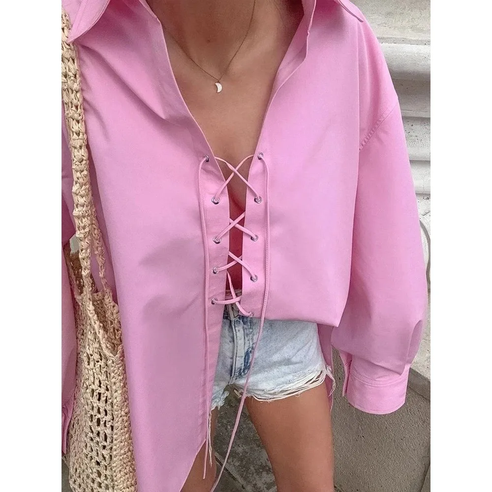 

Faionable Oversized irt for Women Chic Laceup Cleanfit Sle Poly Fabric A-Line Sve Winter Collection Non-Sinking